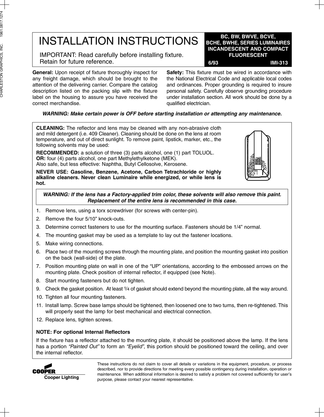 Cooper Lighting BWVE, BWHE, BCHE installation instructions Installation Instructions, Retain for future reference, IMI-313 