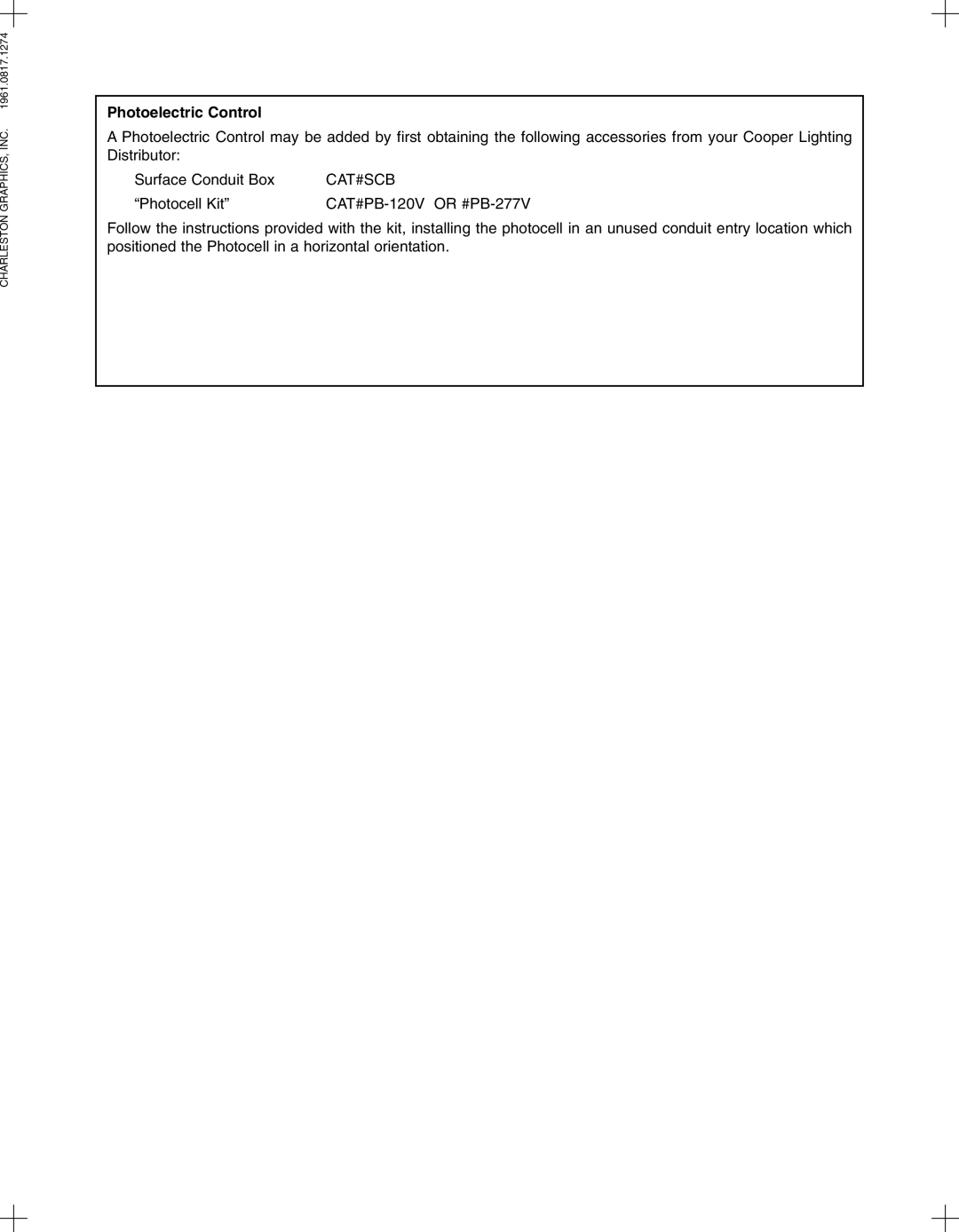 Cooper Lighting BWHE, BWVE, BCHE, BCVE installation instructions Photoelectric Control, Cat#Scb 