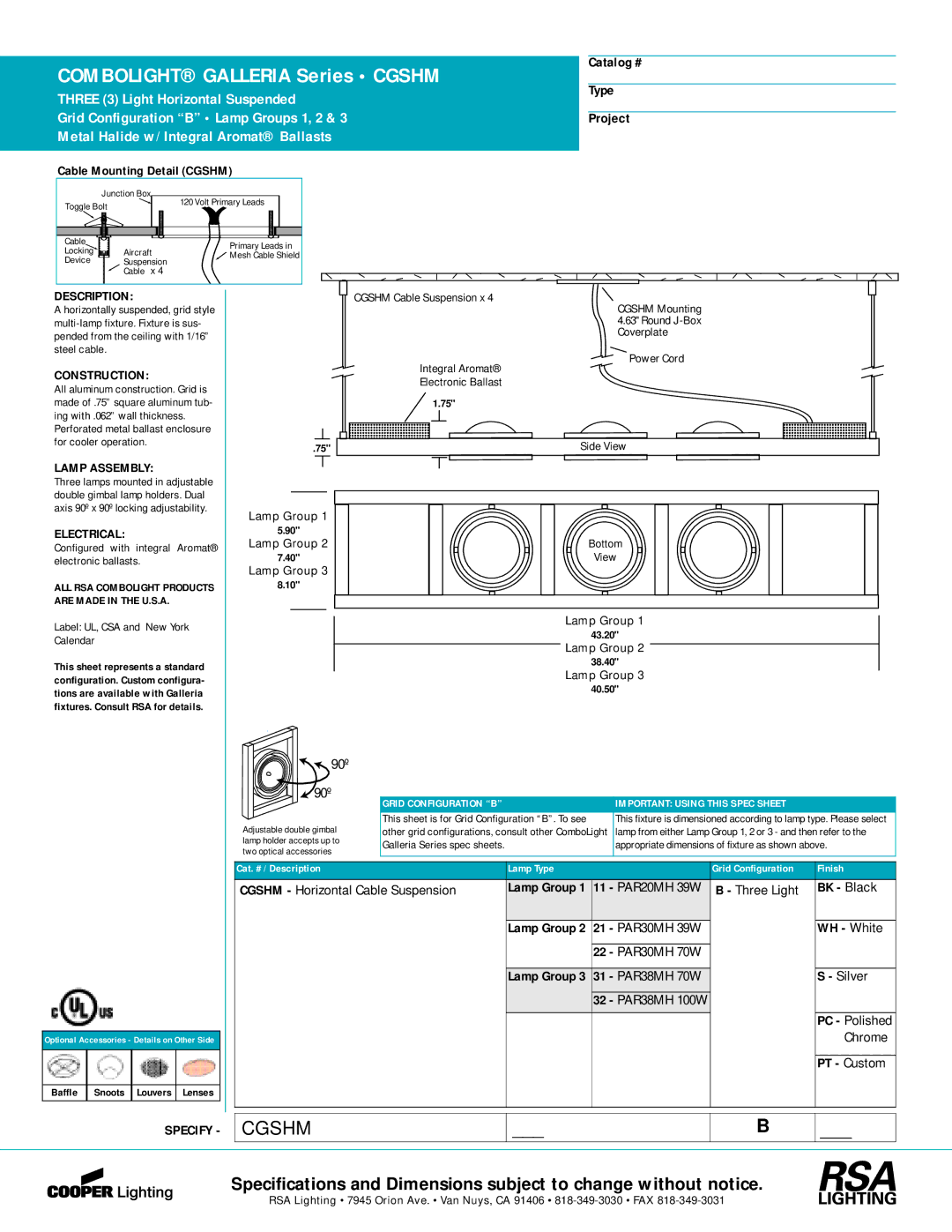 Cooper Lighting C-510R specifications Catalog # Type Project, 90º, Cgshm Horizontal Cable Suspension, Three Light BK Black 