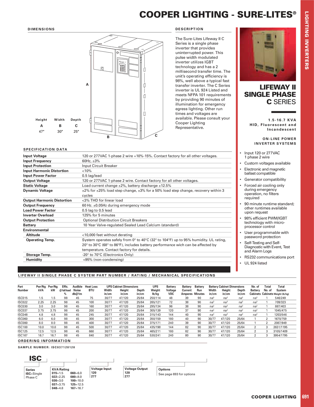 Cooper Lighting dimensions Cooper Lighting SURE-LITES, Lifeway II Single Phase C Series, Isc, Inverters 