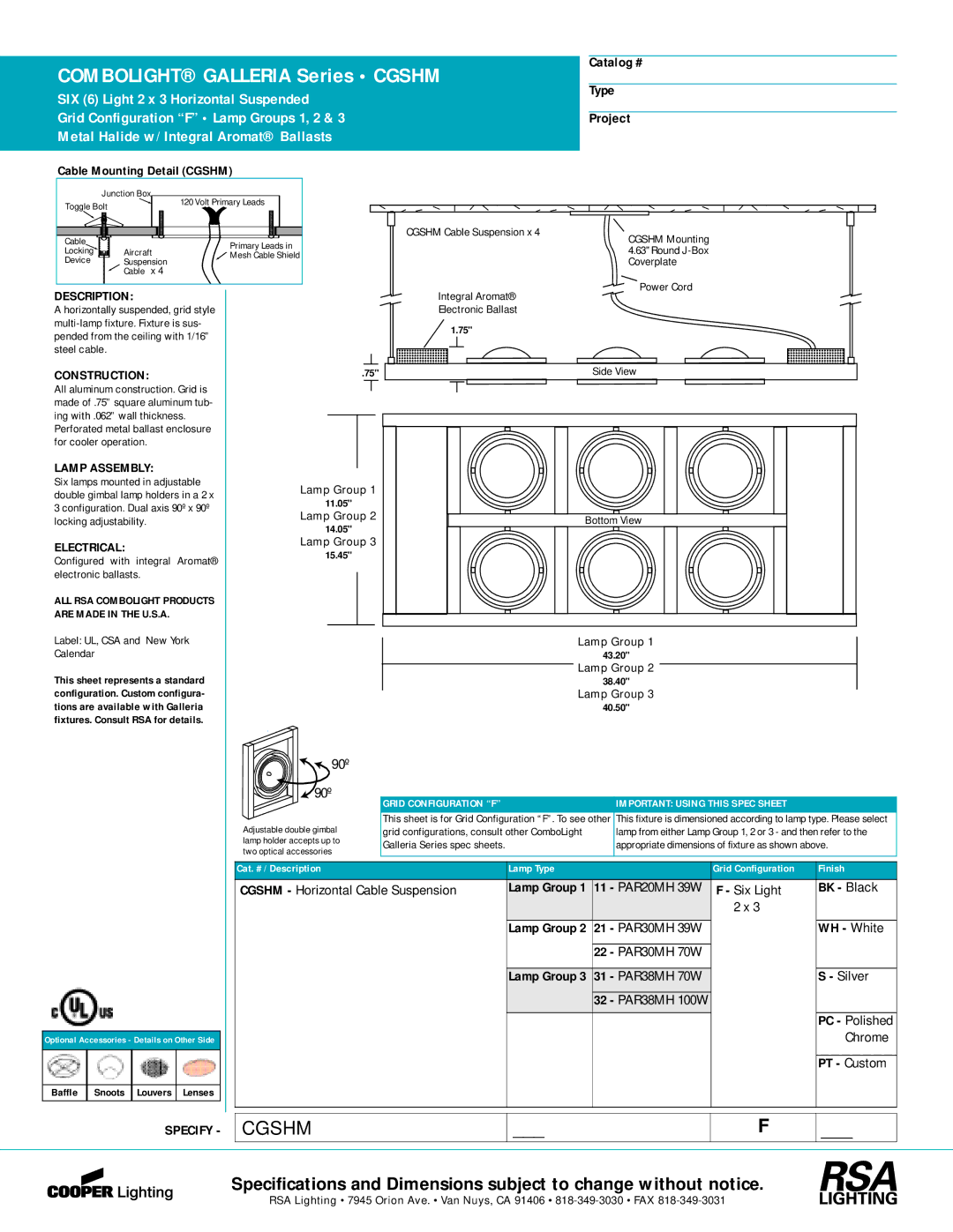 Cooper Lighting C510R specifications Catalog # Type Project, BK Black, WH White 