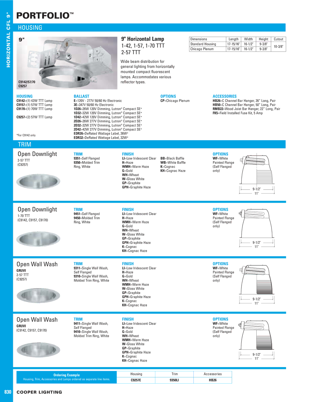 Cooper Lighting C9257, C9157, C9170, C9142 dimensions Housing, Trim, Open Downlight, Open Wall Wash 