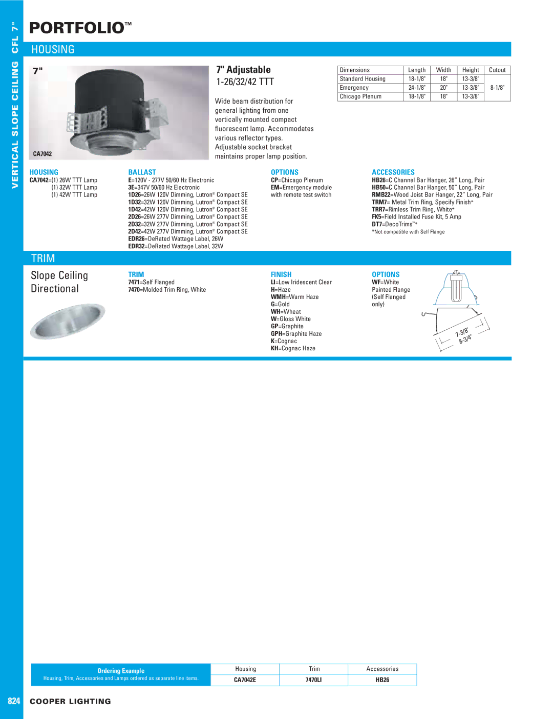 Cooper Lighting CA7042 dimensions Portfolio, Housing, Trim, Adjustable 