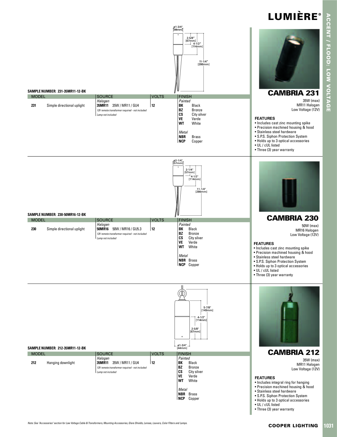 Cooper Lighting Cambria 212 warranty Lumiere`, Accent / Flood Low Voltage, Cooper Lighting, Halogen, Painted, Metal 