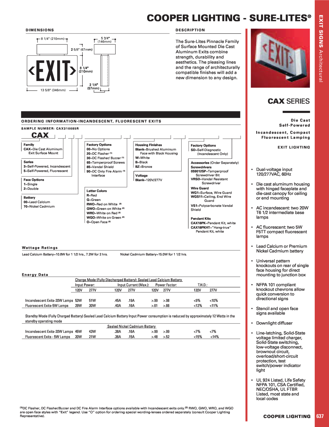 Cooper Lighting CAX Series dimensions SIGNS Architectural, Cooper Lighting - Sure-Lites, Cax Series, Exit 