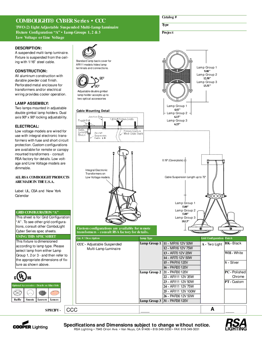 Cooper Lighting CCC specifications Description, Construction, Lamp Assembly, Electrical 