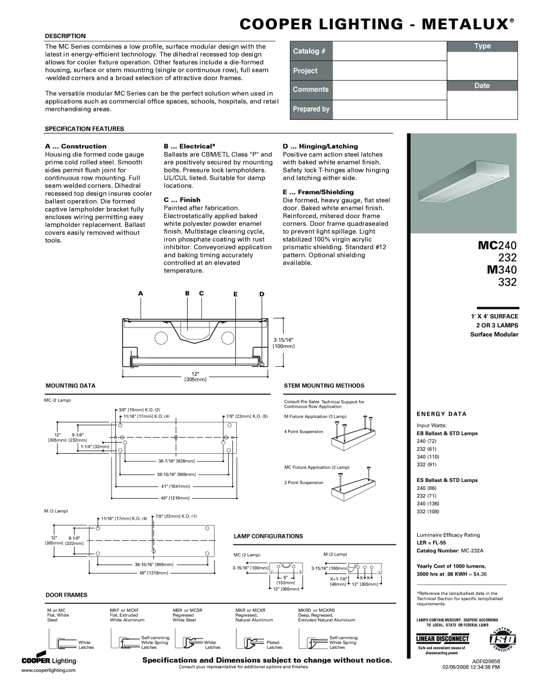 Cooper Lighting CCH00701:09/00 JCHE P65 specifications Construction, Electrical, Finish, Hinging/Latching, Frame/Shielding 