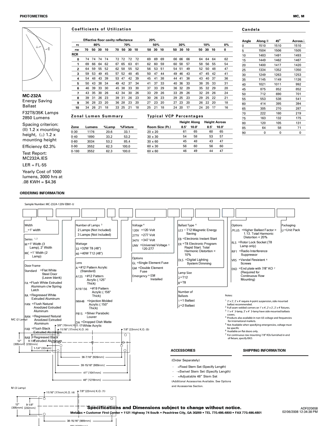 Cooper Lighting CCH00701:09/00 JCHE P65 specifications Photometrics, Ordering Information, Accessories 