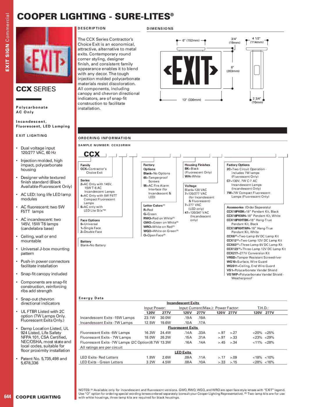 Cooper Lighting CCX20RWH dimensions Available-Fluorescent Only, E r g y D a t a, 120V 277V 