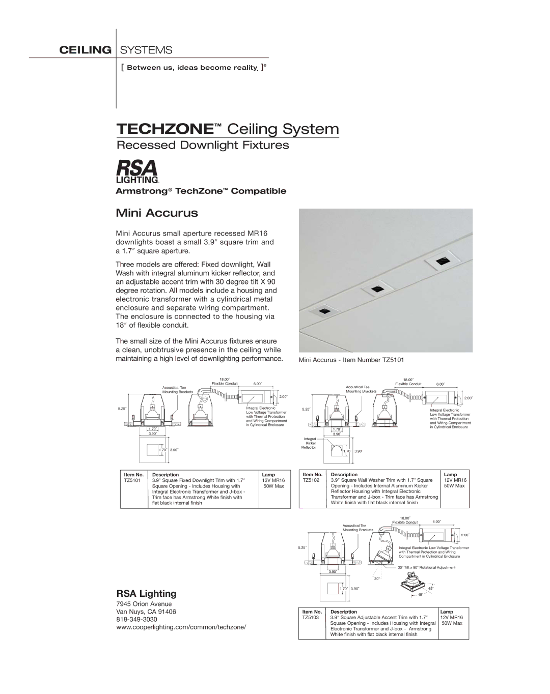 Cooper Lighting Ceiling Systems manual Recessed Downlight Fixtures, Mini Accurus Item Number TZ5101, Orion Avenue 