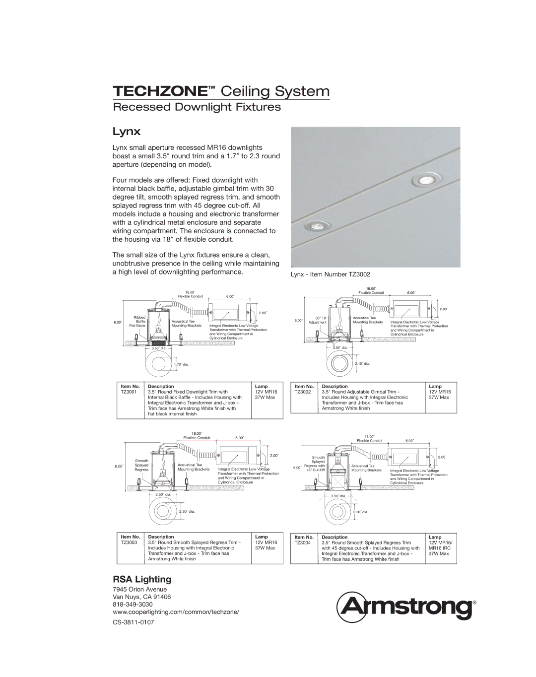 Cooper Lighting Ceiling Systems manual Recessed Downlight Fixtures Lynx, Lynx Item Number TZ3002, Orion Avenue CS-3811-0107 