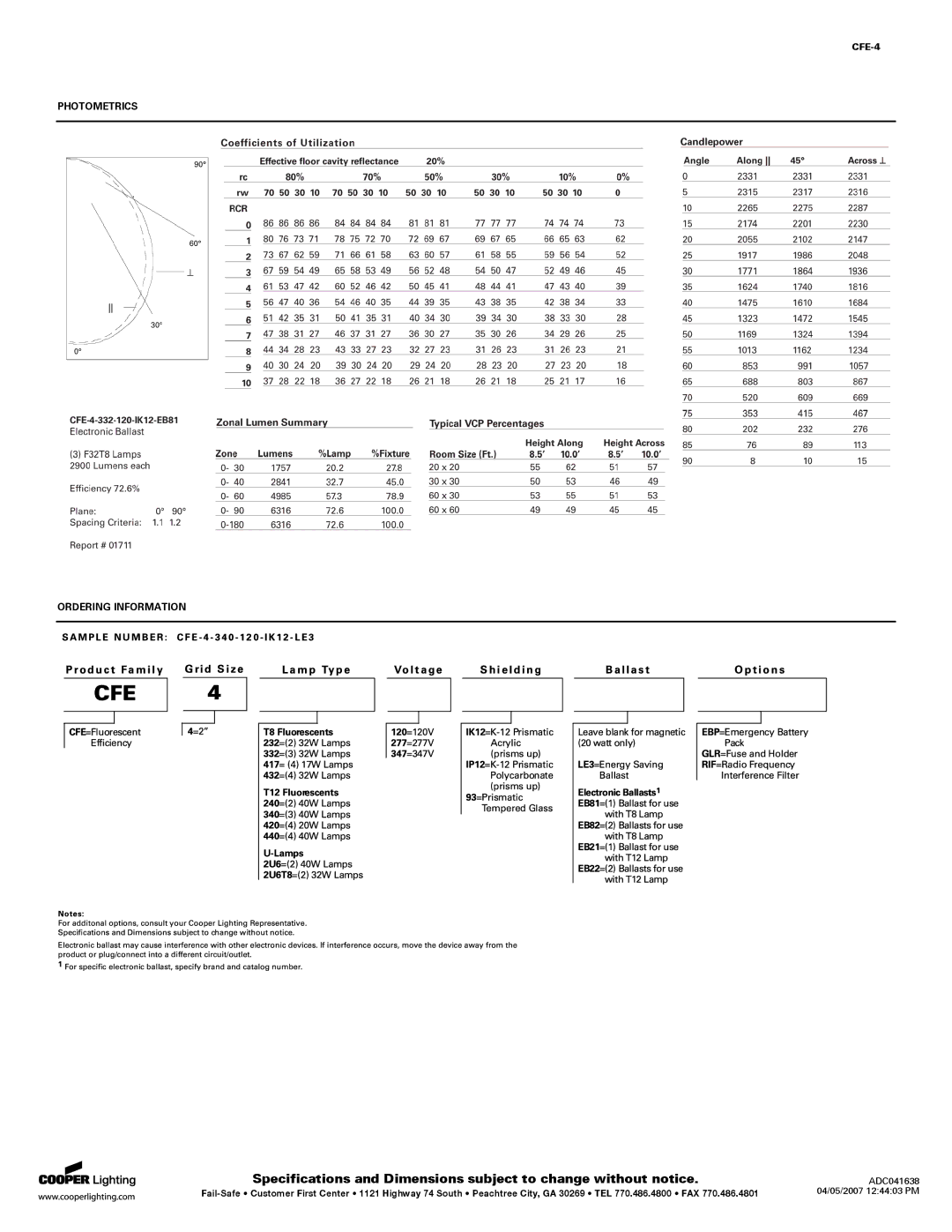 Cooper Lighting CFE-4 specifications Photometrics Ordering Information 