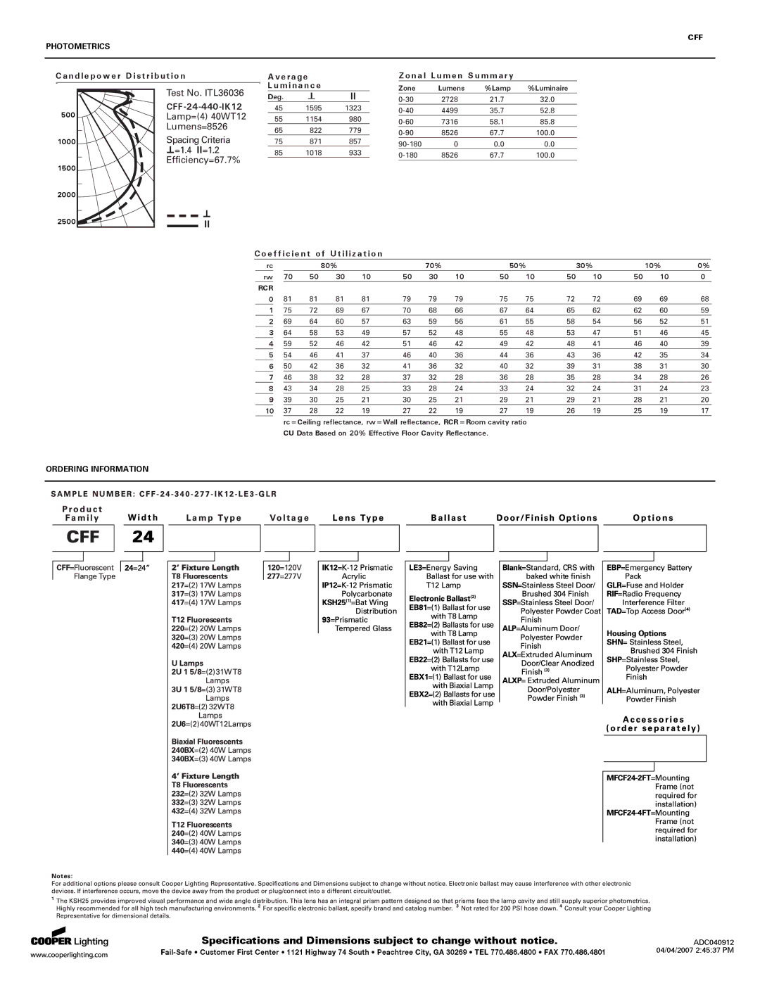 Cooper Lighting specifications CFF-24-440-IK12 