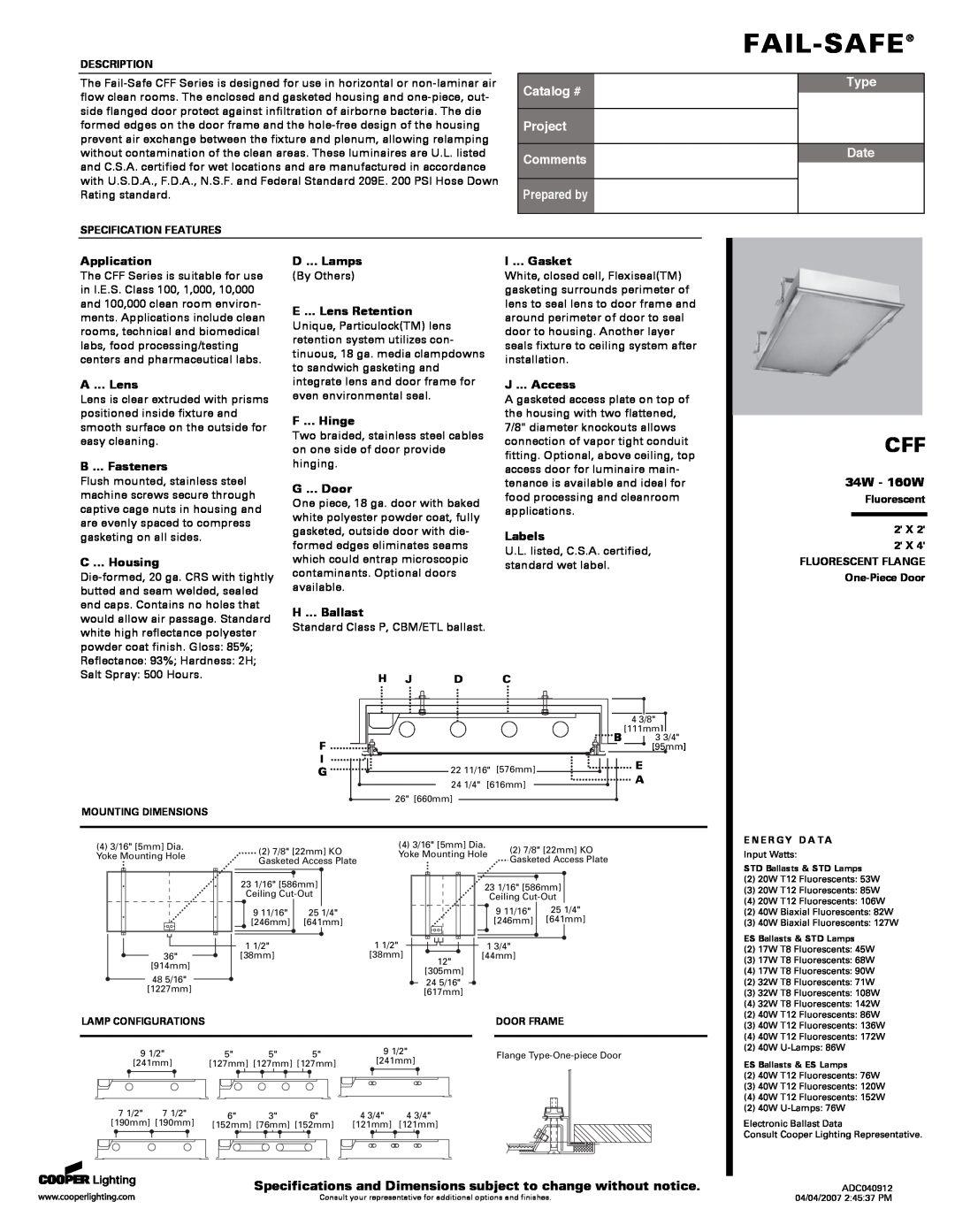 Cooper Lighting CFF specifications 34W - 160W, Fail-Safe, Catalog #, Project Comments, Prepared by, Type, Date 