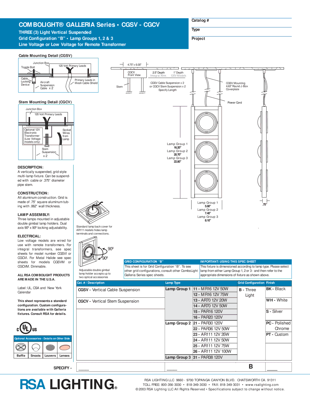 Cooper Lighting CGSV, CGCV specifications Description, Construction, Lamp Assembly, Electrical 