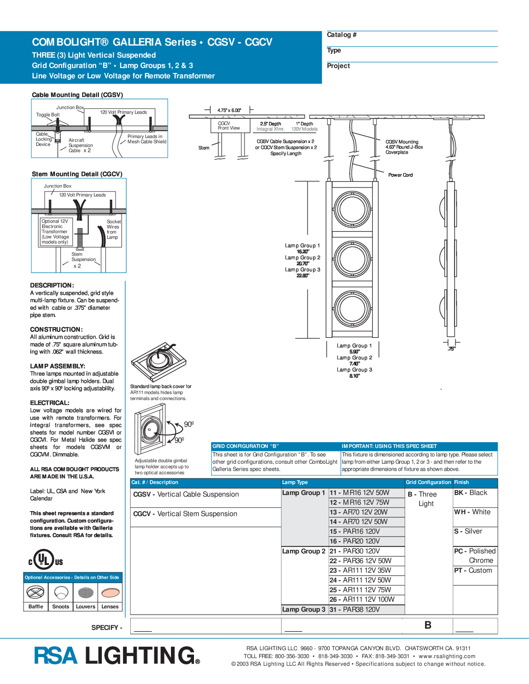 Cooper Lighting specifications COMBOLIGHT GALLERIA Series CGSV - CGCV, THREE 3 Light Vertical Suspended, Catalog # 