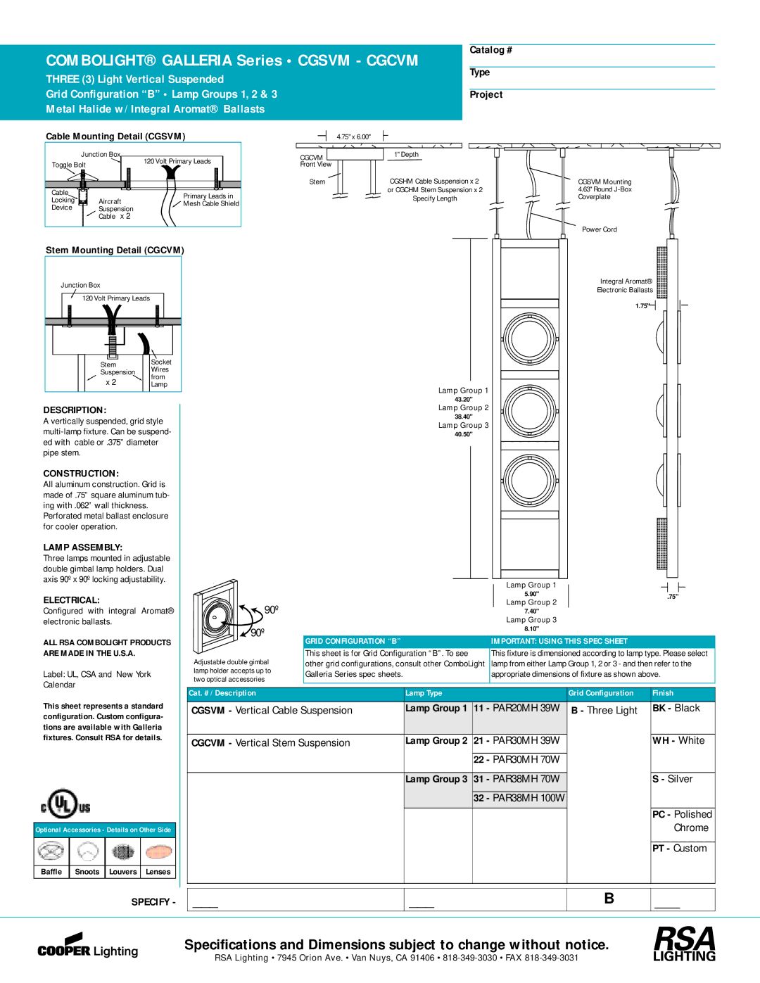 Cooper Lighting CGSVM, CGCVM specifications Catalog # Type Project, BK Black, WH White 