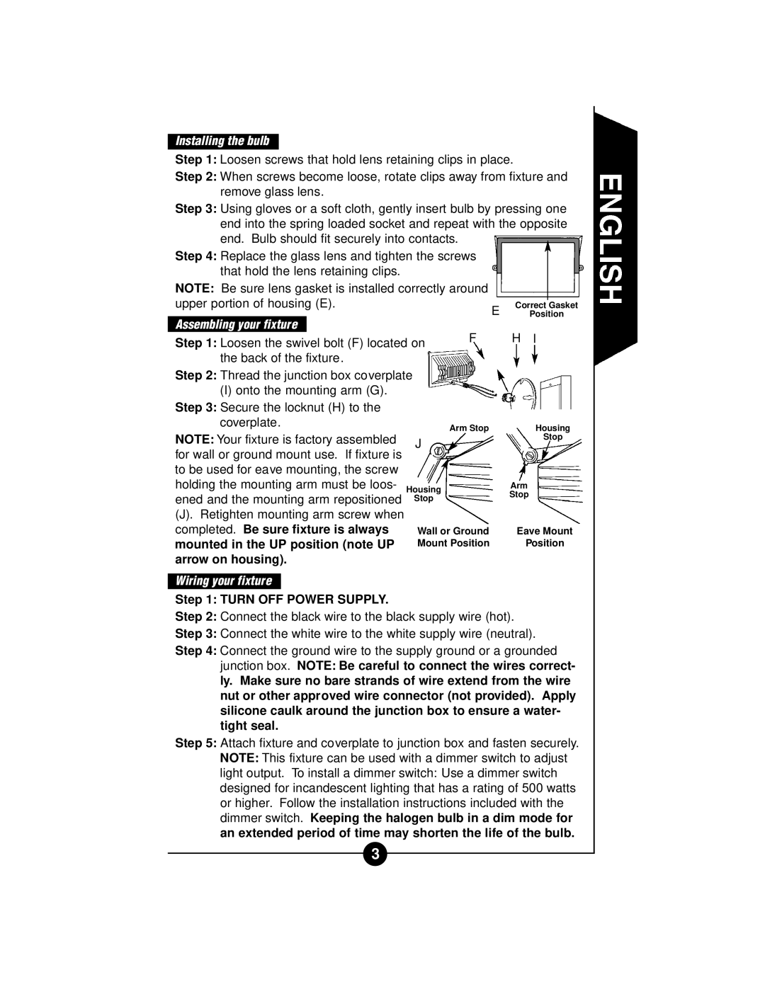 Cooper Lighting CGP500WL WQ500 Installing the bulb, Assembling your fixture, Wiring your fixture, Turn OFF Power Supply 