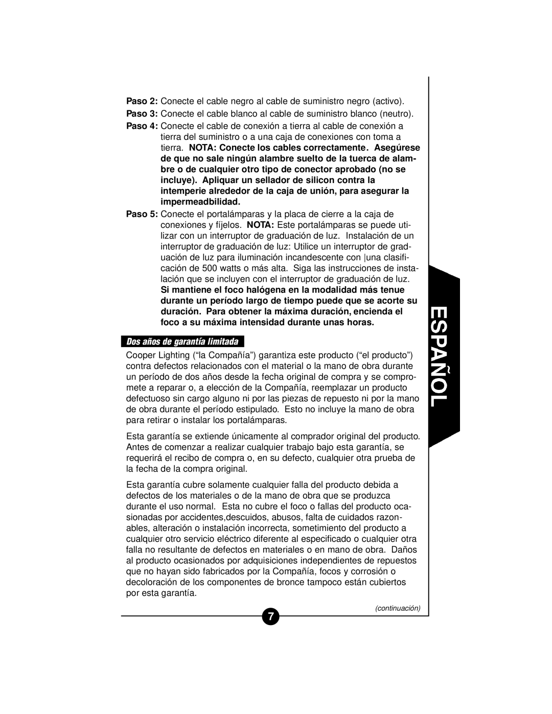 Cooper Lighting CWQ500, CGP500WL WQ500 instruction manual Dos años de garantía limitada 