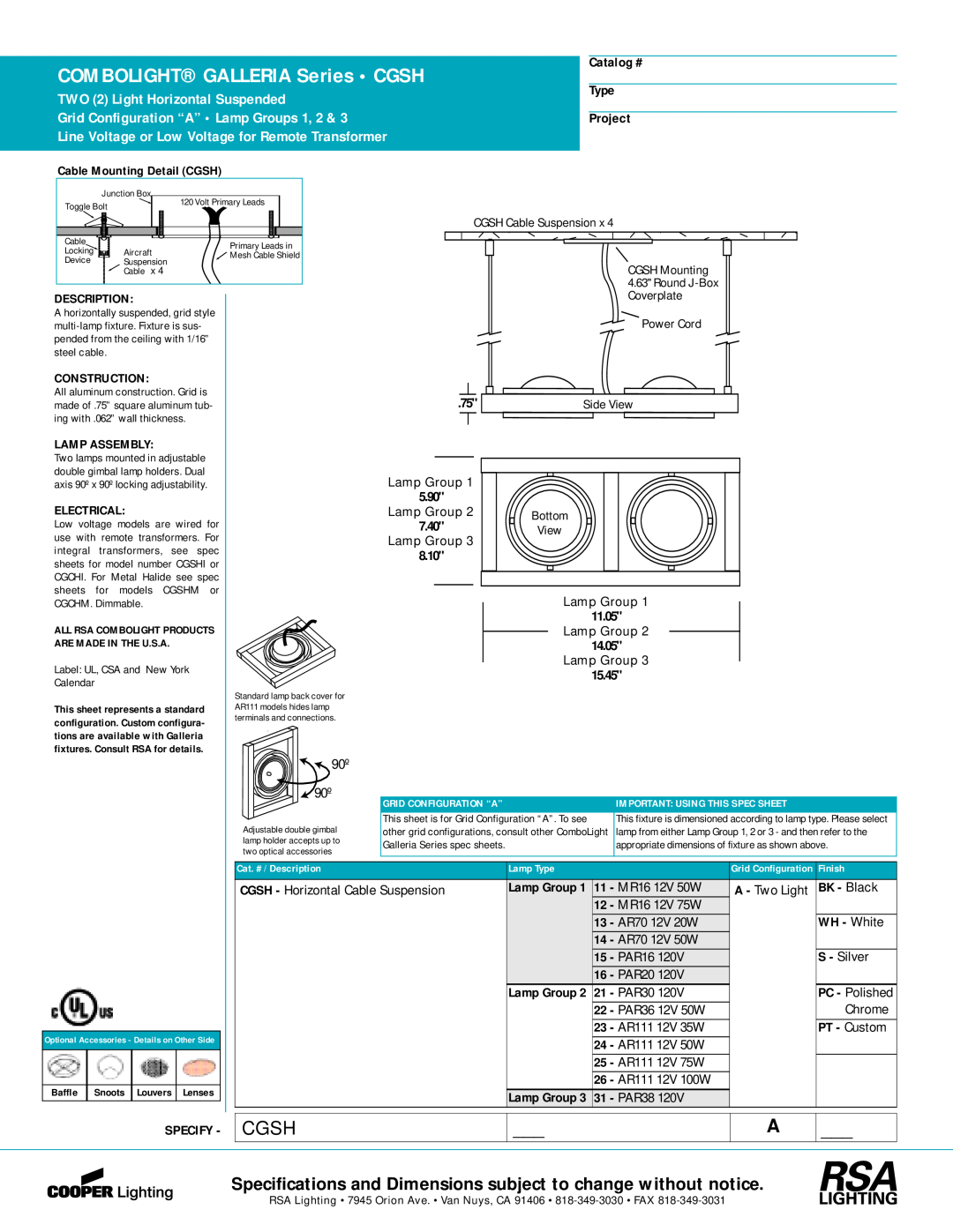 Cooper Lighting specifications COMBOLIGHT GALLERIA Series CGSH, Cgsh, TWO 2 Light Horizontal Suspended, Catalog #, Type 