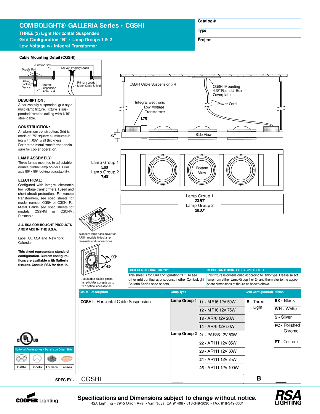 Cooper Lighting CGSHI specifications Catalog # Type Project, BK Black, WH White 