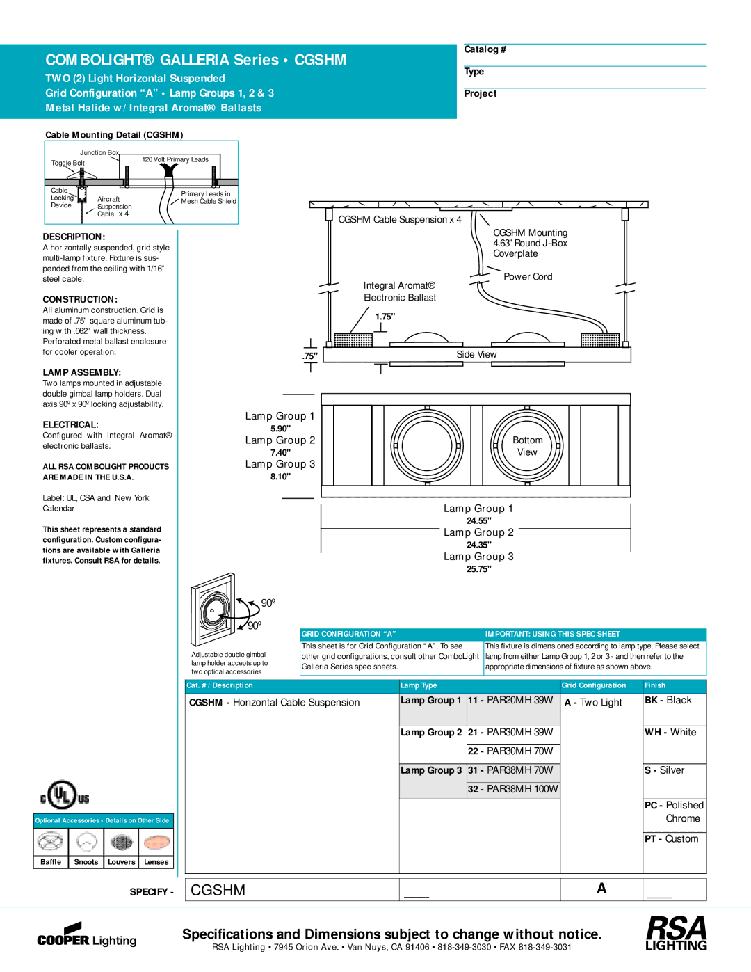 Cooper Lighting CGSHM specifications Catalog # Type Project, 90º, Cgshm Horizontal Cable Suspension, BK Black, WH White 