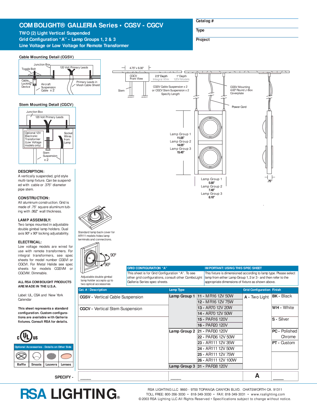 Cooper Lighting CGSV-CGCV specifications Catalog #, Type, BK Black, WH White 