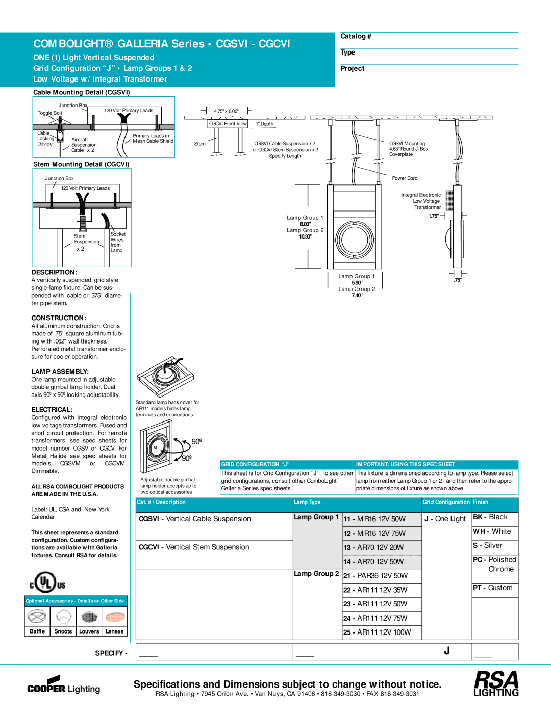 Cooper Lighting CGSVI - CGCVI specifications Catalog # Type Project, BK Black, WH White 