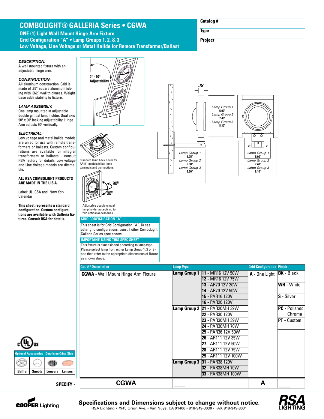 Cooper Lighting CGWA specifications Combolight Galleria Series Cgwa, 90º 90º 
