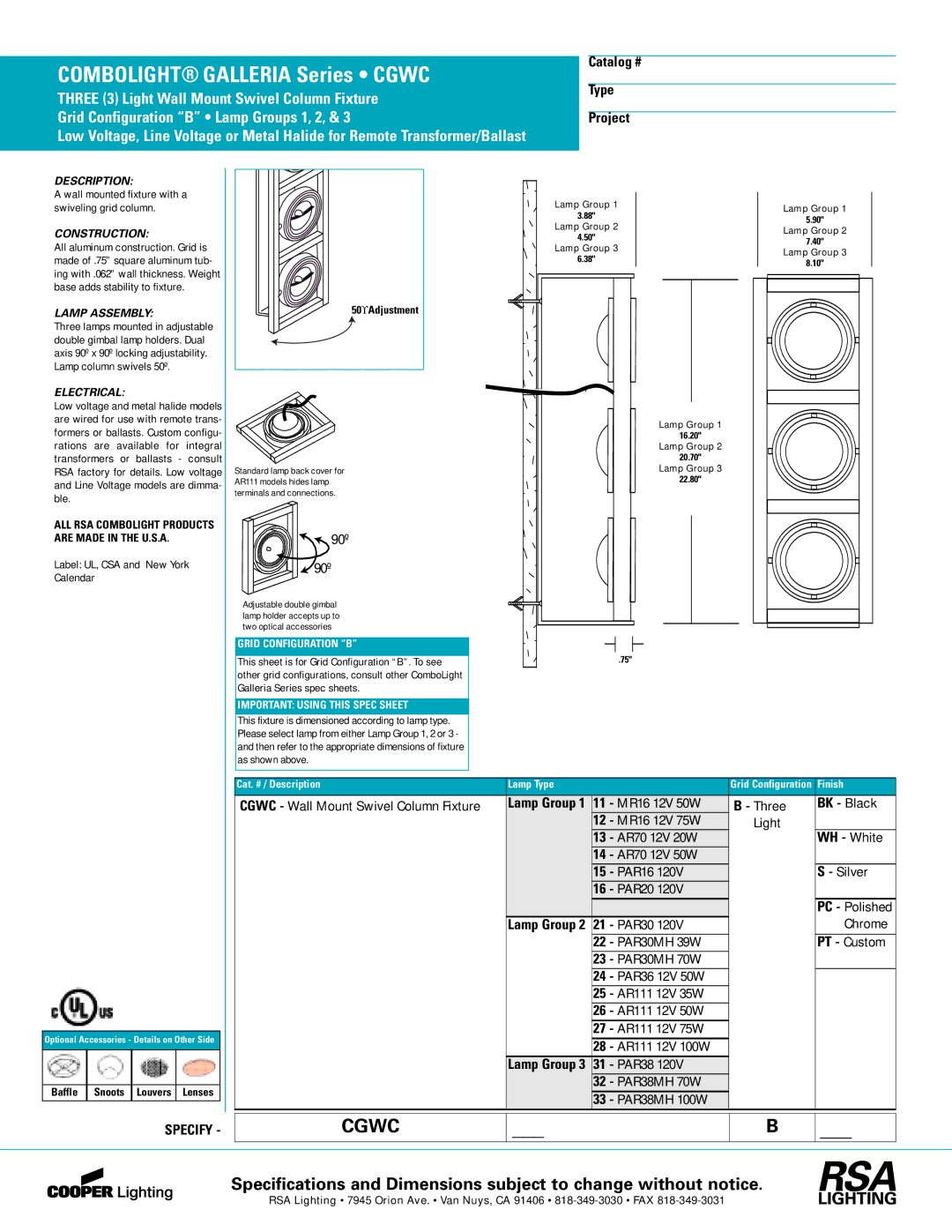 Cooper Lighting CGWC specifications Description, Construction, Lamp Assembly, Electrical 