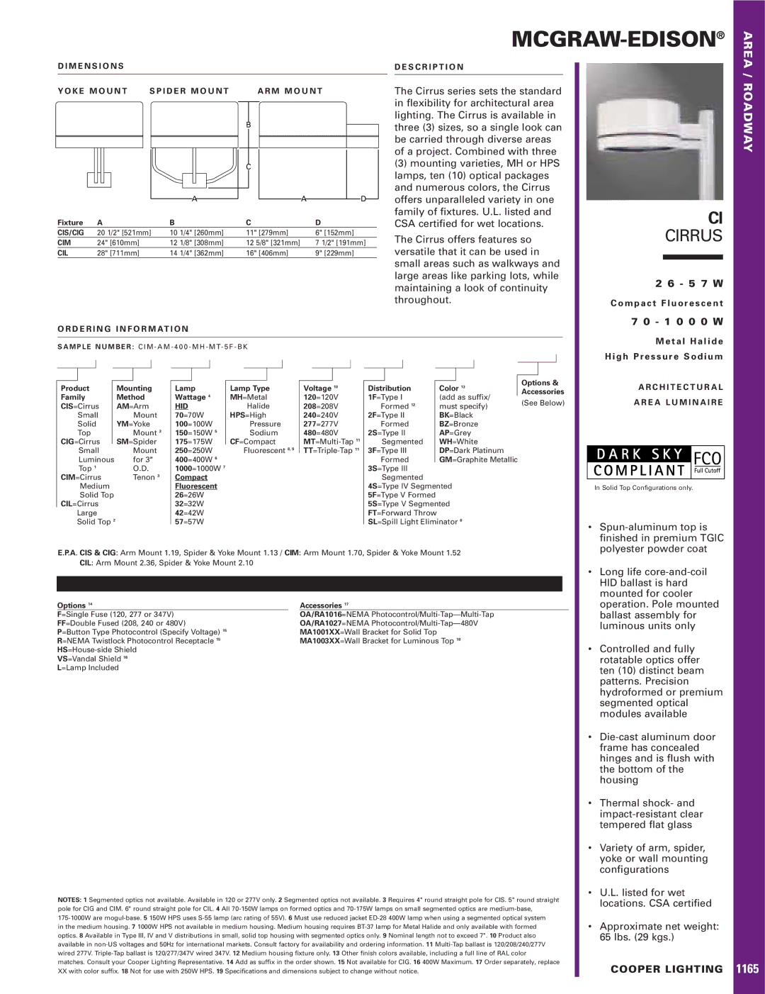 Cooper Lighting Cirrus series, CI Cirrus dimensions Mcgraw-Edison, Area, Roadway 