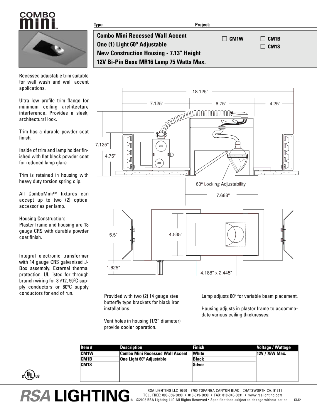 Cooper Lighting CM1S, CM1B, CM1W specifications Combo Mini Recessed Wall Accent, One 1 Light 60o Adjustable 