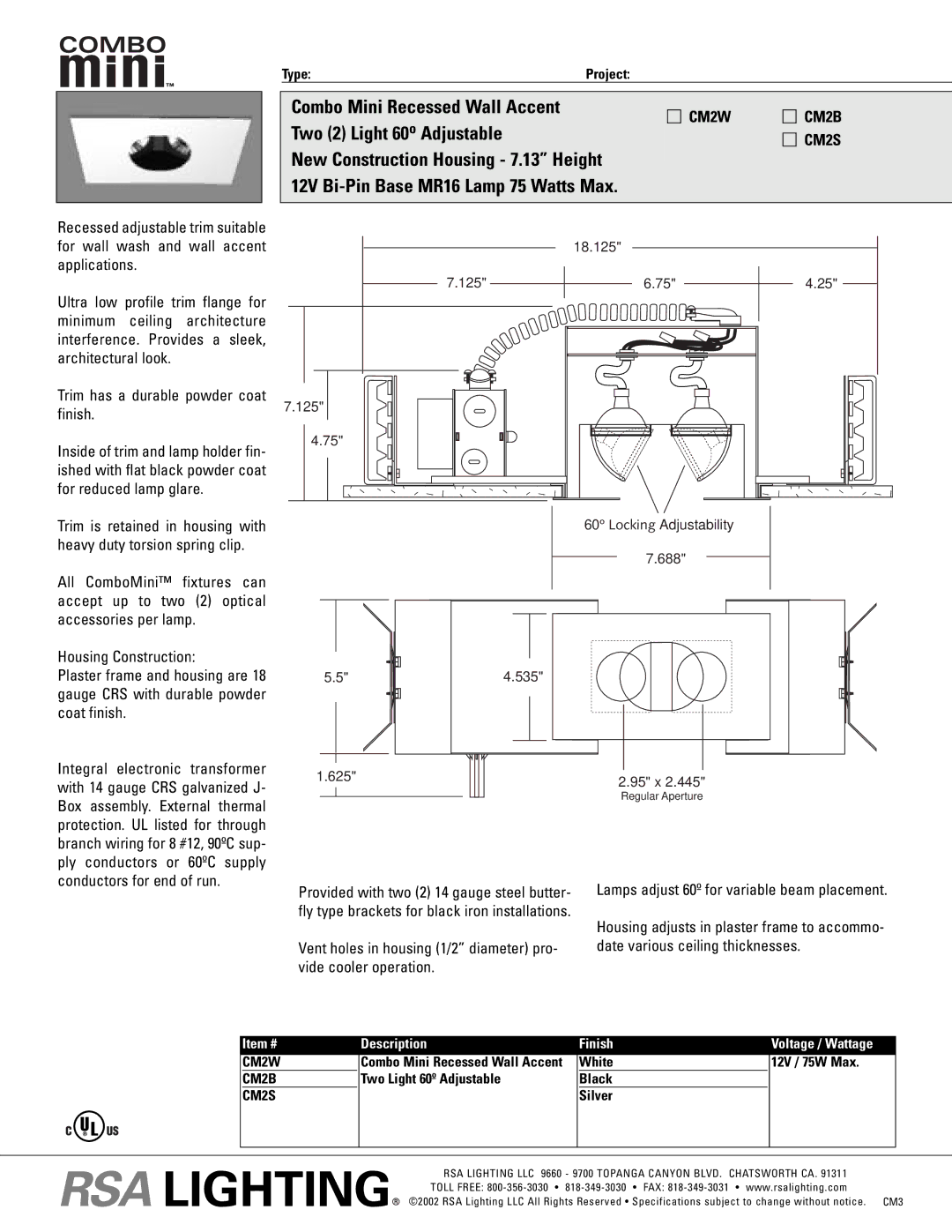 Cooper Lighting CM2W, CM2B, CM2S specifications Combo Mini Recessed Wall Accent, Two 2 Light 60o Adjustable 