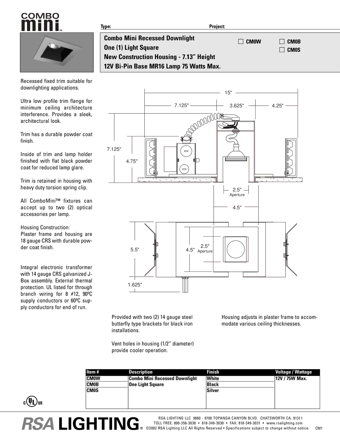 Cooper Lighting CMOB, CMOS, CMOW specifications 12V Bi-Pin Base MR16 Lamp 75 Watts Max, CM0W CM0B CM0S 