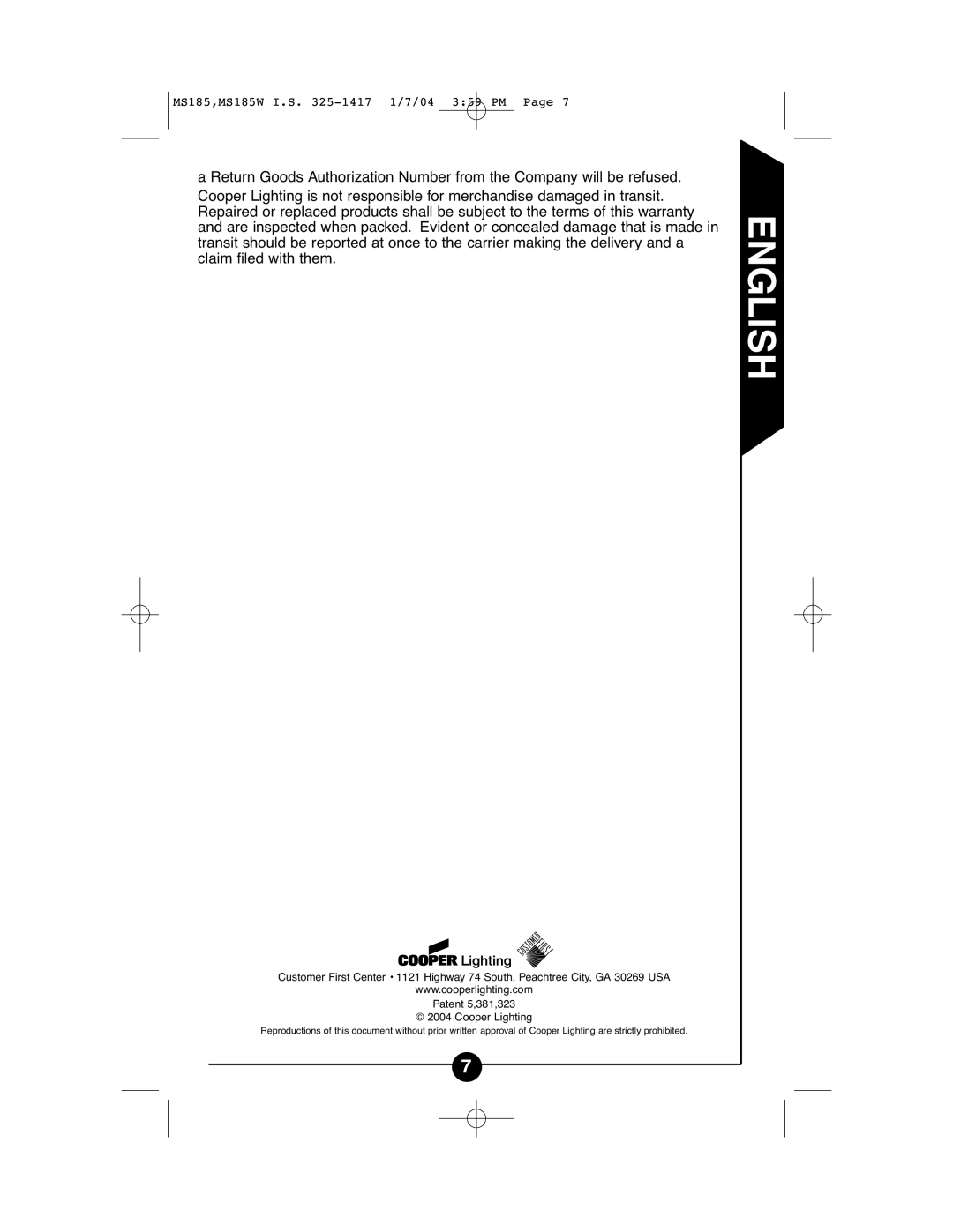 Cooper Lighting CMS185, CMS185W instruction manual English 