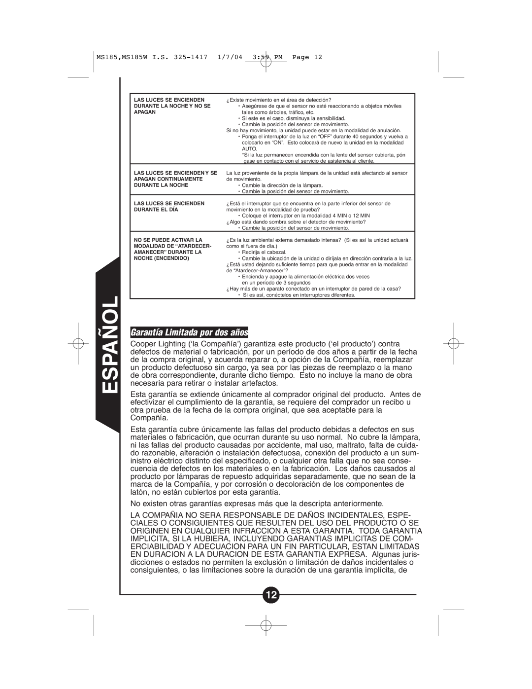 Cooper Lighting CMS185, CMS185W instruction manual Garantía Limitada por dos años, Español 