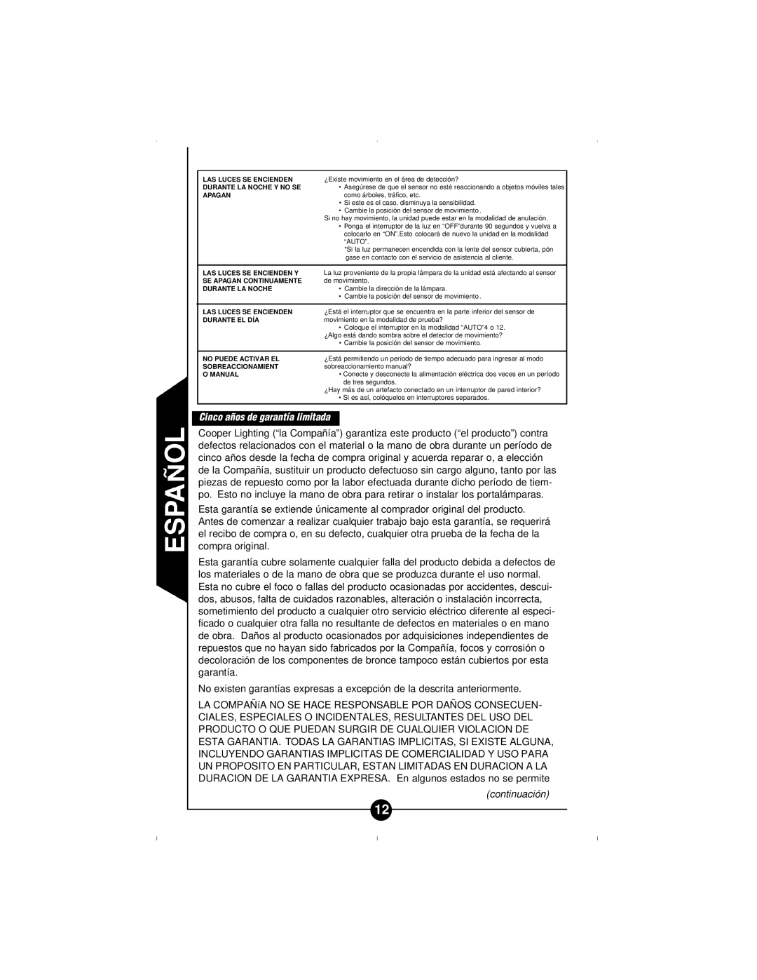 Cooper Lighting CMSRU180W Cinco años de garantía limitada, LAS Luces SE Encienden Durante LA Noche Y no SE Apagan 