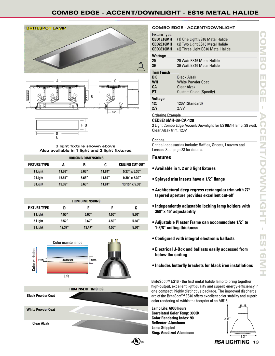 Cooper Lighting manual Combo Edge ACCENT/DOWNLIGHT ES16 Metal Halide, CED3E16MH-39-CA-120 