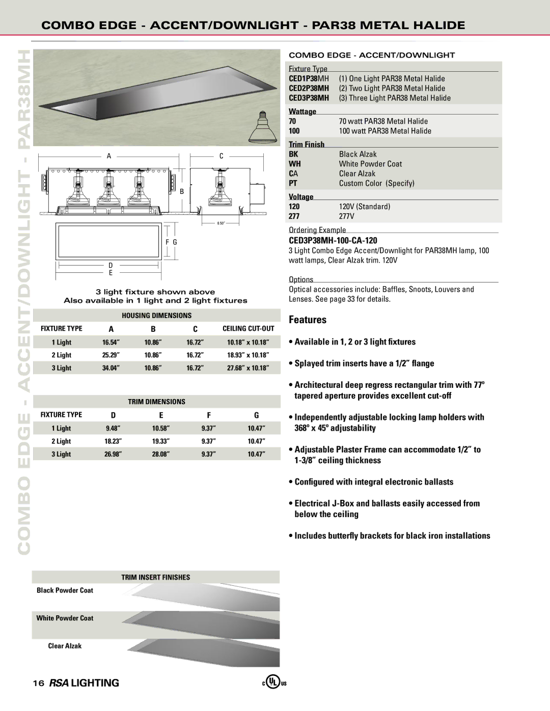 Cooper Lighting manual PAR38MH ACCENT/DOWNLIGHT, Combo Edge ACCENT/DOWNLIGHT PAR38 Metal Halide, CED3P38MH-100-CA-120 