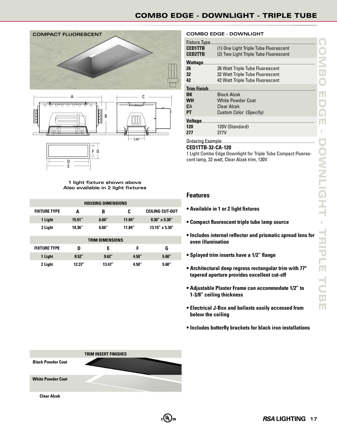 Cooper Lighting manual Combo Edge Downlight Triple Tube, CED1TTB-32-CA-120 