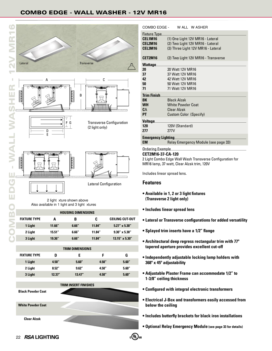 Cooper Lighting manual Wall Edge, Combo Edge Wall Washer 12V MR16, CET2M16-37-CA-120 