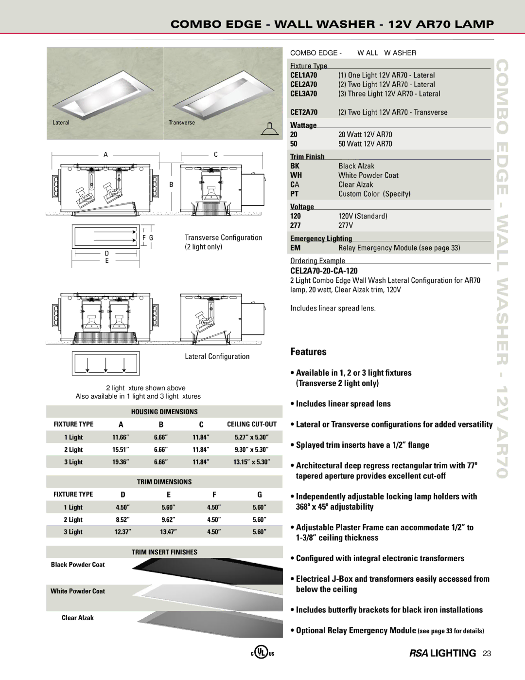 Cooper Lighting manual Combo Edge Wall Washer 12V AR70 Lamp, CEL2A70-20-CA-120, Includes linear spread lens 