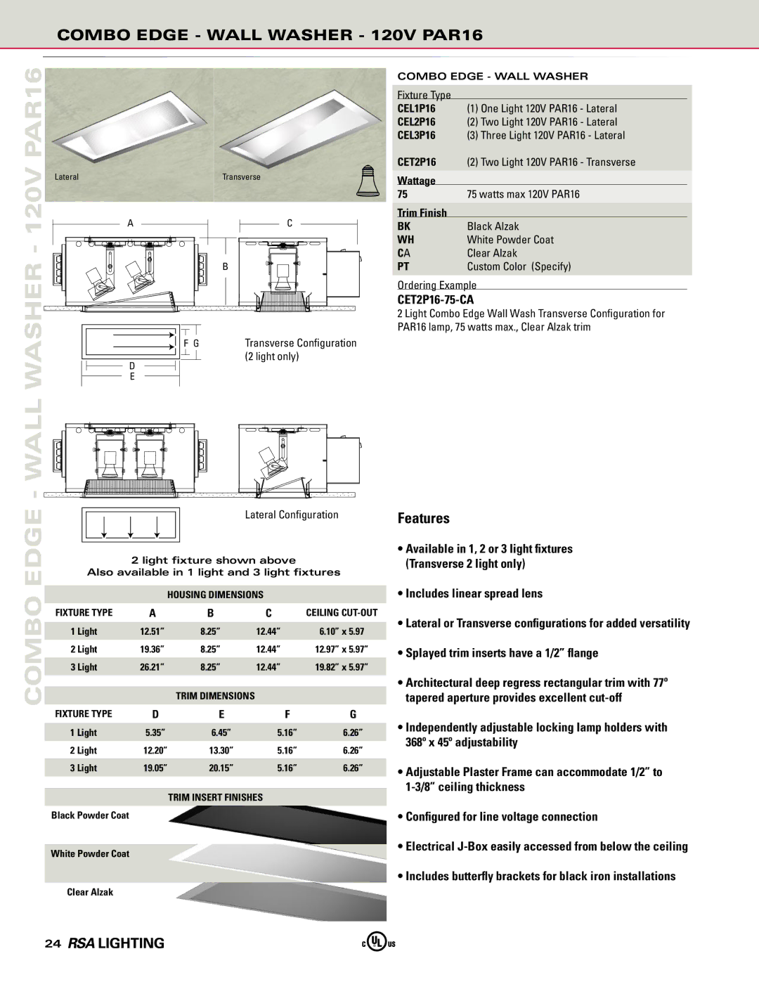 Cooper Lighting manual Combo Edge Wall Washer 120V PAR16, CET2P16-75-CA 