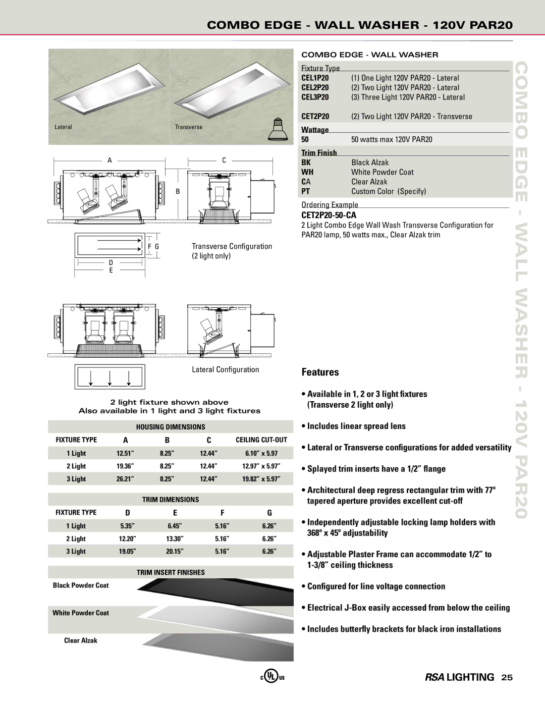 Cooper Lighting manual Combo Edge Wall Washer 120V PAR20, CET2P20-50-CA 