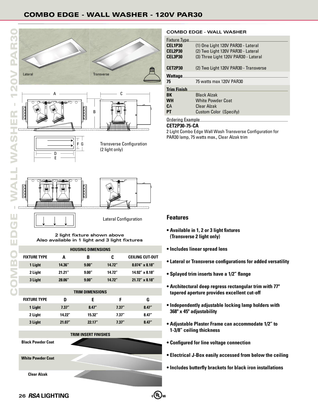 Cooper Lighting manual Combo Edge Wall Washer 120V PAR30, CET2P30-75-CA 