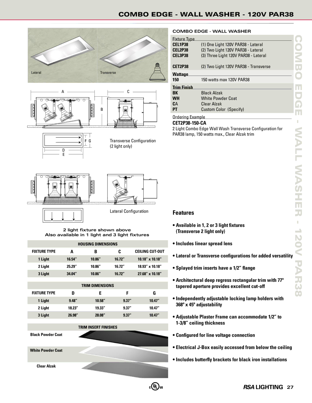 Cooper Lighting manual Combo Edge Wall Washer 120V PAR38, CET2P38-150-CA 