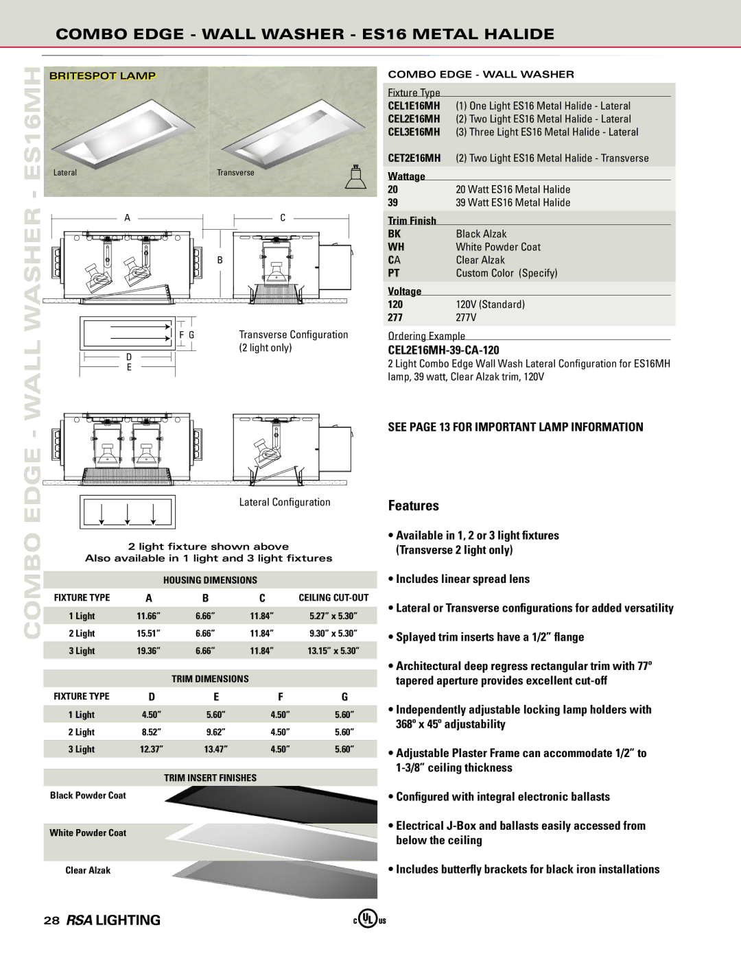 Cooper Lighting manual ES16MH, Combo Edge Wall Washer ES16 Metal Halide, CEL2E16MH-39-CA-120 