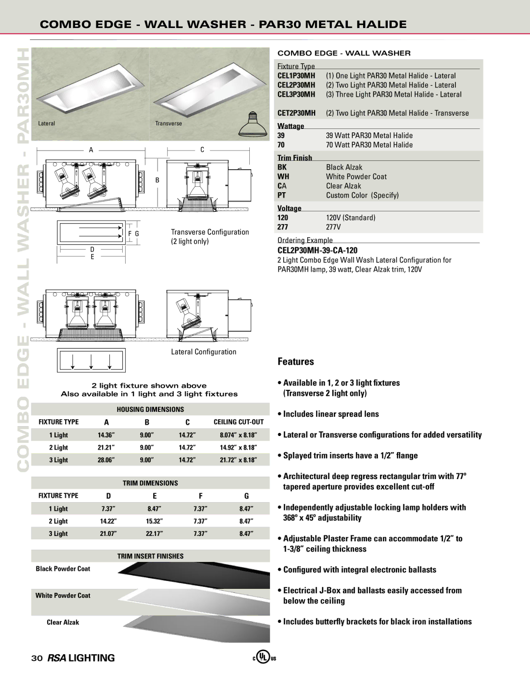 Cooper Lighting manual PAR30MH, Combo Edge Wall Washer PAR30 Metal Halide, CEL2P30MH-39-CA-120 