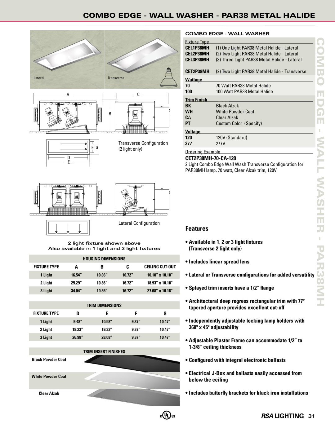 Cooper Lighting manual Combo Edge Wall Washer PAR38MH, Combo Edge Wall Washer PAR38 Metal Halide, CET2P38MH-70-CA-120 