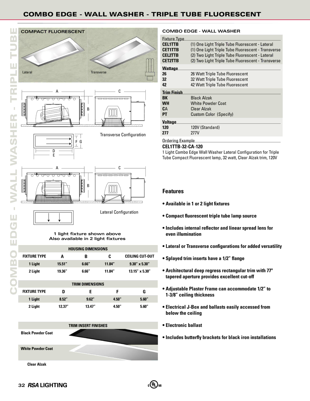 Cooper Lighting manual Combo Edge Wall Washer Triple Tube Fluorescent, CEL1TTB-32-CA-120 